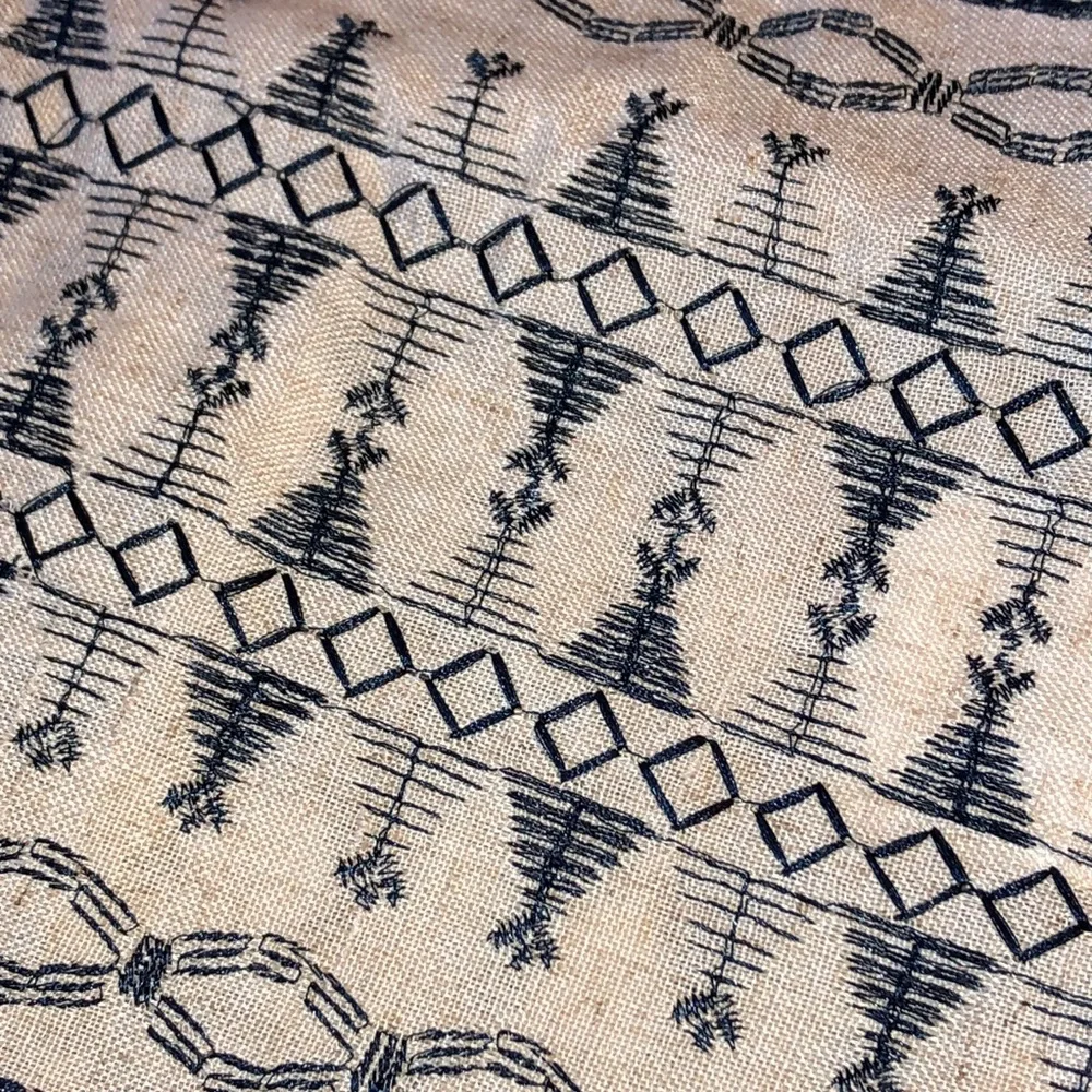 1 Pair Of Lazzy Linen Blend Blue On Beige Grommet Curtains 95” Length